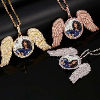 Angel Wings Round Pendant Photo Necklace Gold Plated-silviax