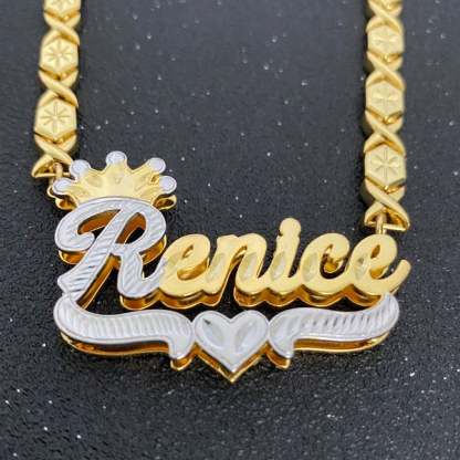 Double Layer Two Tone Crown Heart with XOXO Chain Personalized Custom Gold Plated Name Necklace And Bracelet Set-silviax