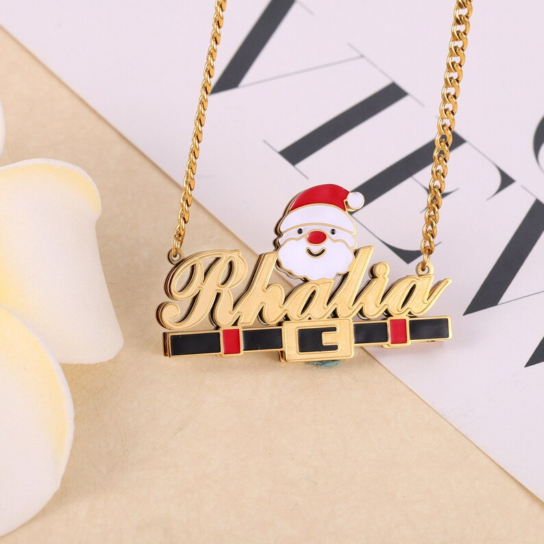 Christmas Father Gold Plated Nameplate Santa Double Layer Personalized Custom Name Necklace-silviax