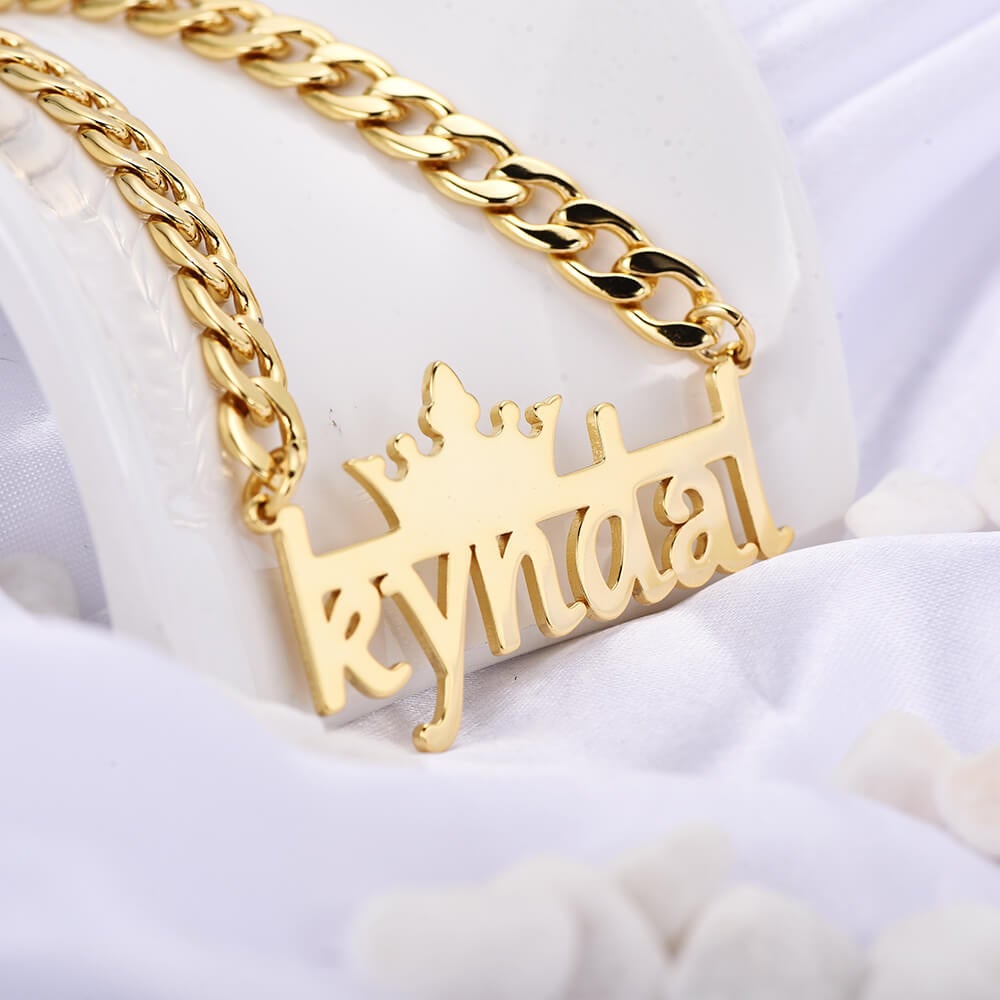 Crown And Horizontal Line With Cuban Chain Personalized Custom Gold Plated Name Necklace-silviax
