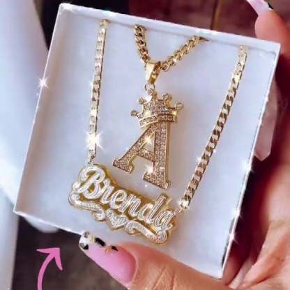 Double Layer Name Necklace with Heart and Initial Necklace with Crown Personalized Jewelry Set-silviax