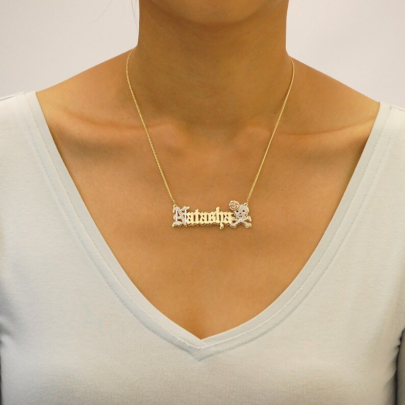Halloween Cuban Chain Skull and Rose Double Layer Personalized Custom Old English Name Necklace-silviax