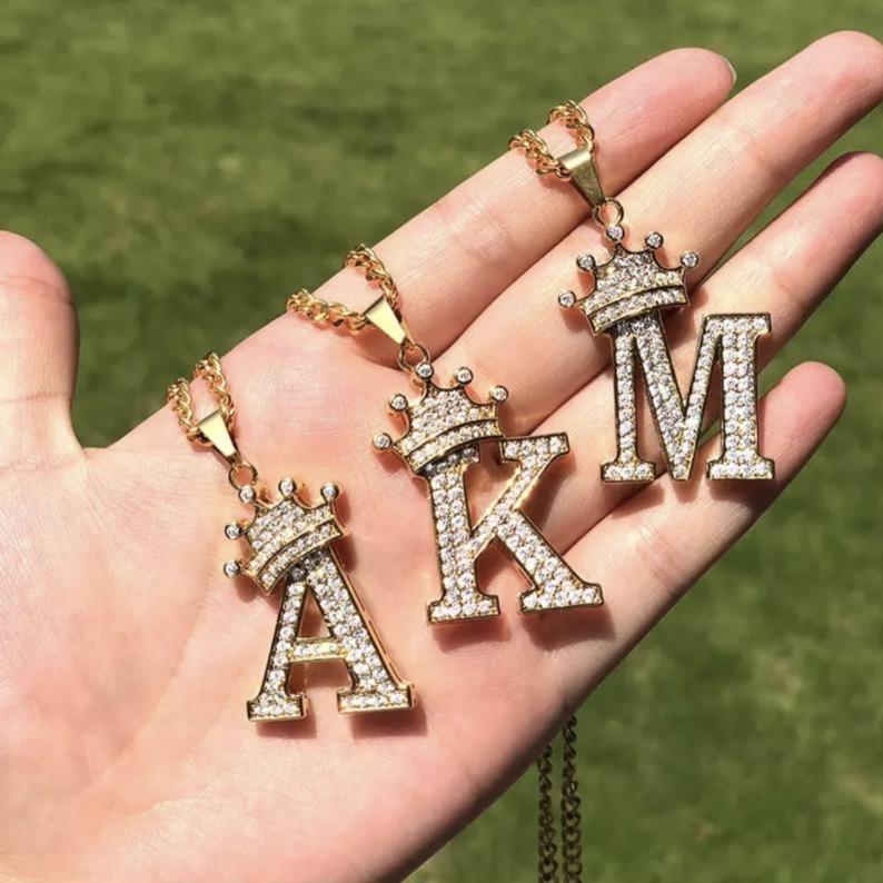 Double Plate Two Tone With Heart Name Necklace And Initial Necklace With Crown Personalized 