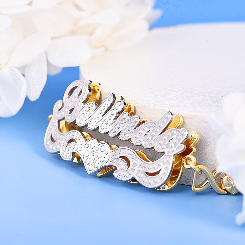 Double Layer Two Tone Nameplate XOXO Heart Chain Personalized Custom Gold Plated Name Bracelet-silviax