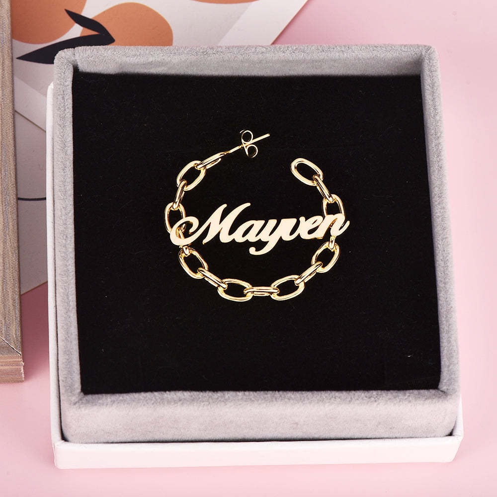 Personalized Gold Plated Chain Look Hoop Name Earrings-silviax