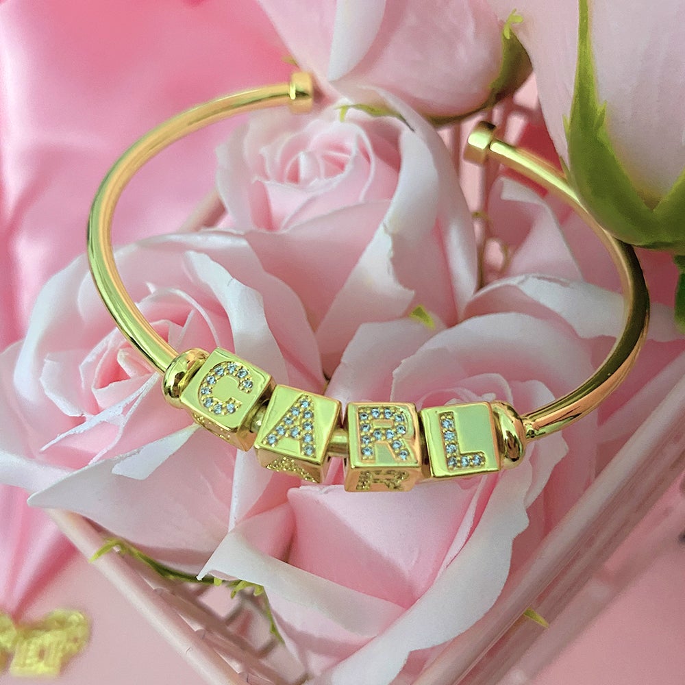 Cube Bead With Inlaid Zircon Letters Personalized Gold Plated Custom Cuff Name Bangle Bracelet-silviax