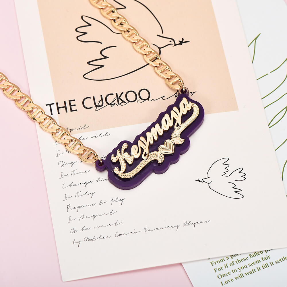 Purple Acrylic with Heart Double Layer Personalized Custom Gold Plated Name Necklace-silviax