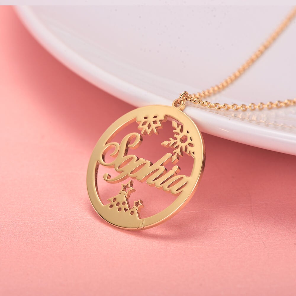 Snowflake Christmas Tree Round Pendant Personalized Custom Gold Plated Name Necklace-silviax