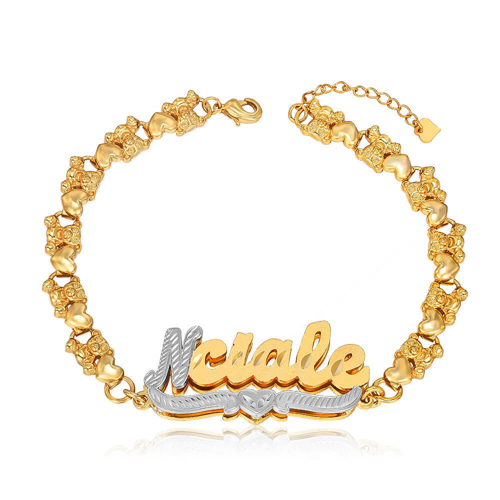 Double Layer Two Tone Heart with Teddy Bear XOXO Chain Personalized Custom Gold Plated Name Bracelet-silviax