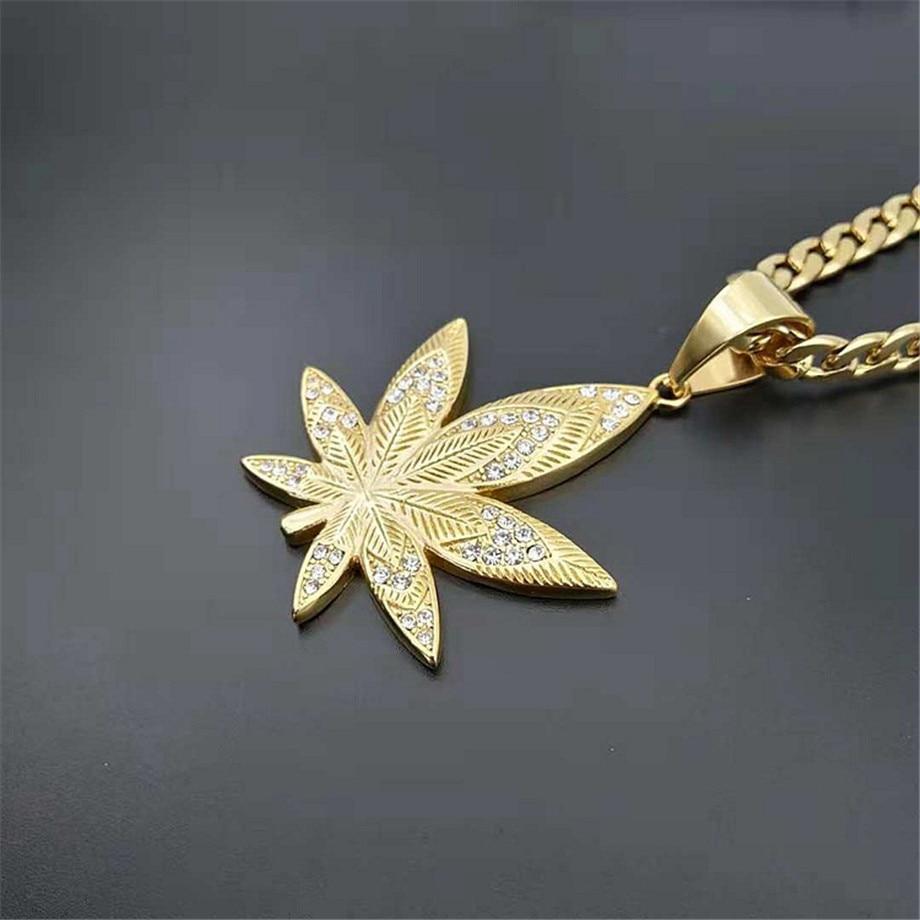 Hemp Leaf Pendant Necklace with Rhinestones Gold Plated Jewelry Gift for Men Dad-silviax