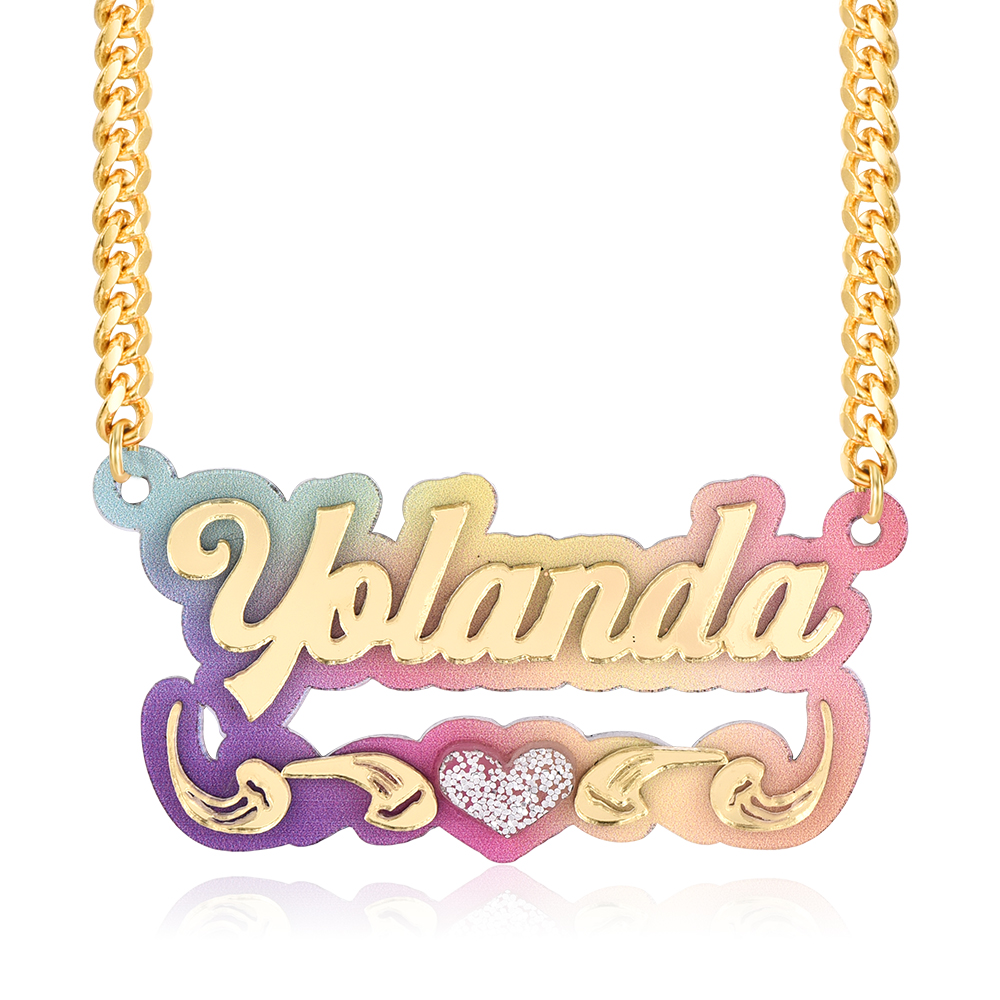 Personalized Custom Double Plate Colorful Acrylic Nameplate with Heart Gold Plated Name Necklace-silviax