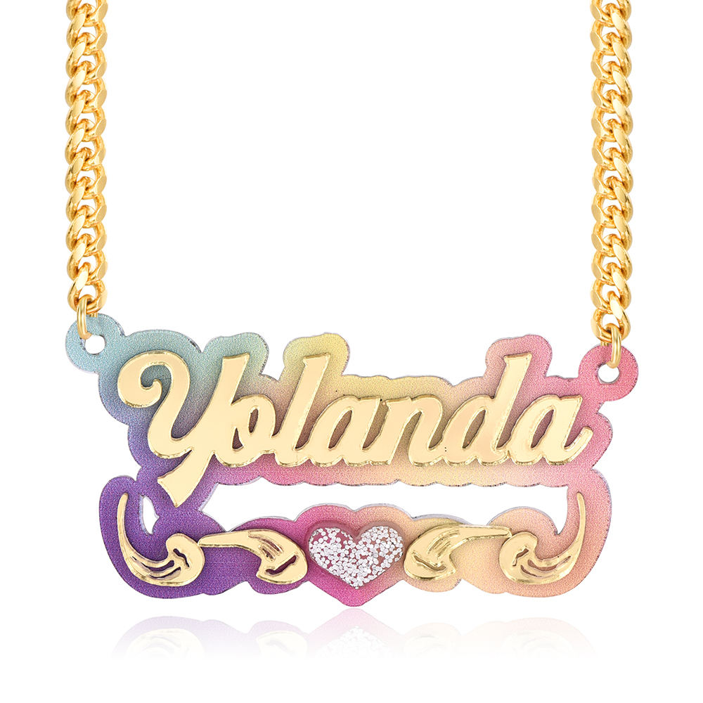 Personalized Custom Double Plate Colorful Acrylic Nameplate with Heart Gold Plated Name Necklace