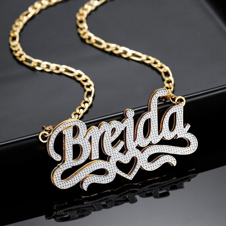 Double Layer Two Tone with Hollow Heart 3D Nameplate Personalized Custom Gold Plated Name Necklace-silviax