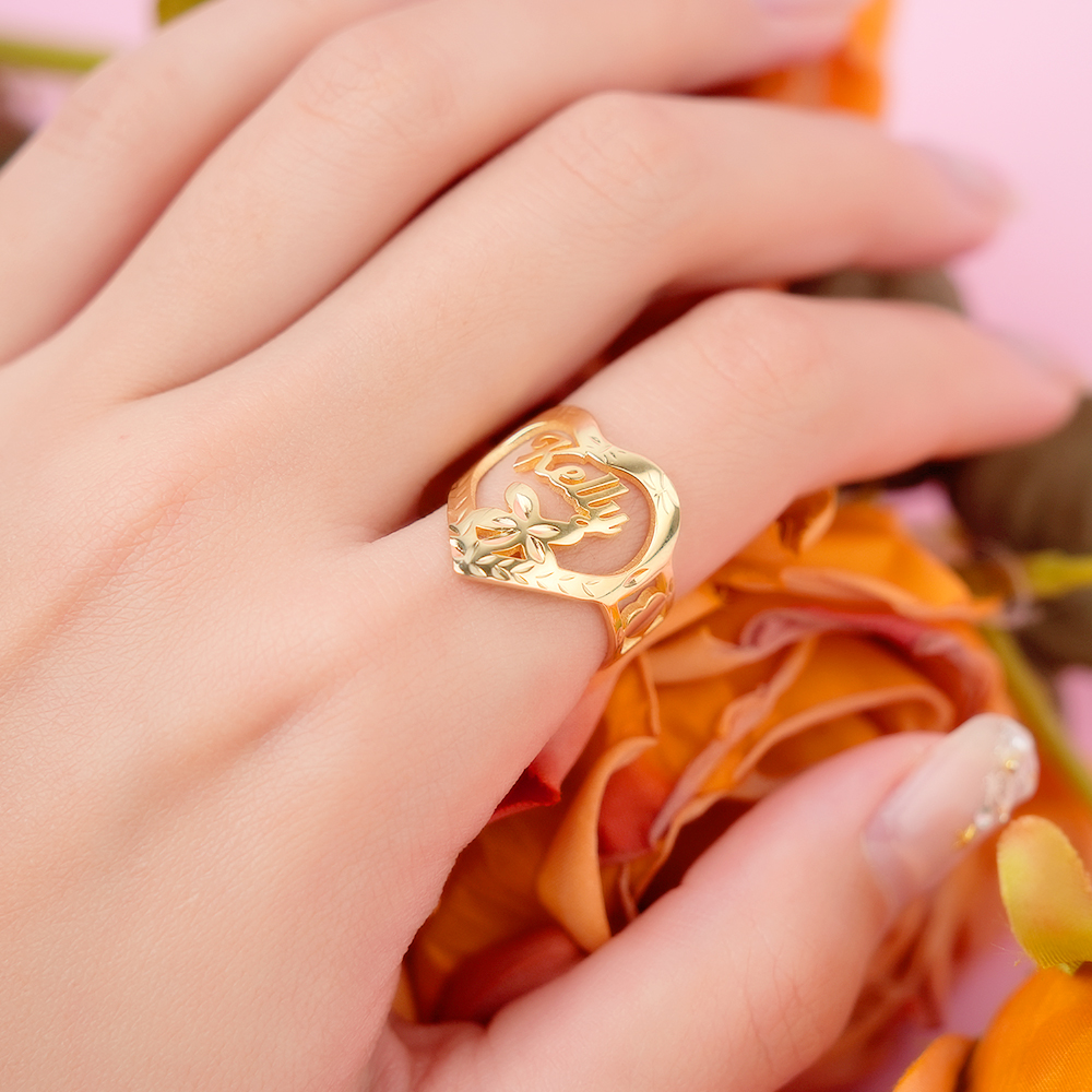 Heart Shaped Flower Engraved Gold Plated Personalized Custom Name Ring-silviax