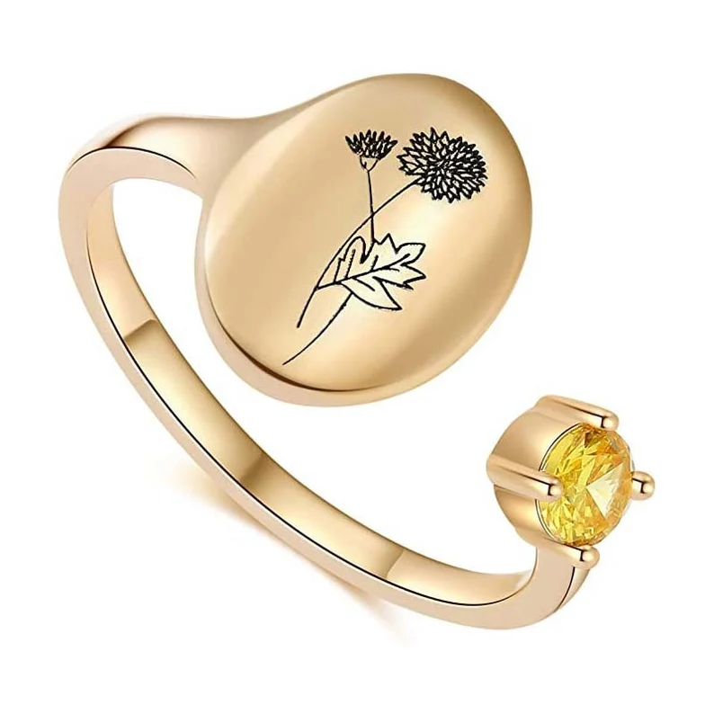 Personalized Custom Gold Plated Engraved Birth Flower Open Ring with B