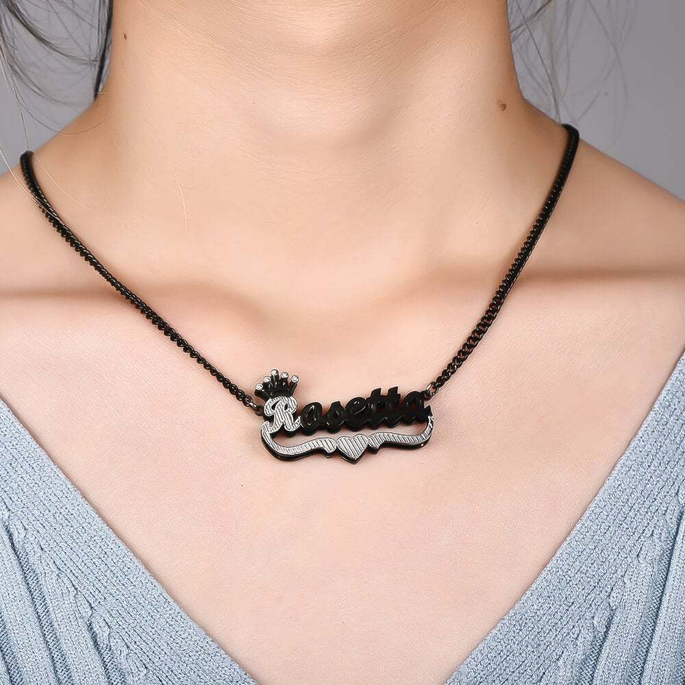 Double Layer Two Tone With Crown And Heart Black Nameplate Personalized Custom Name Necklace-silviax