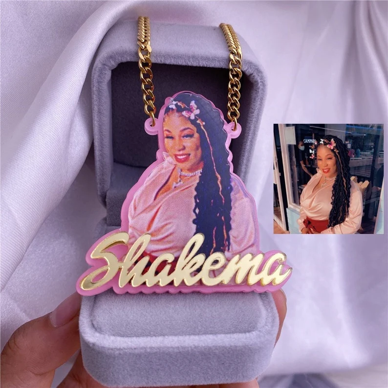 Pink Acrylic Portrait Photo with Nameplate Personalized Name Necklace-silviax