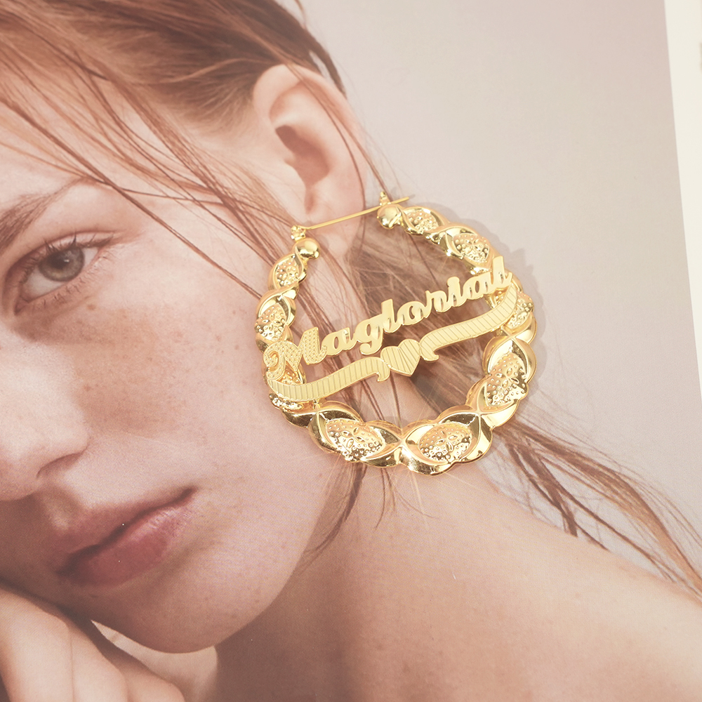 Snake Chain Double Layer Heart Name Necklace And XOXO Bamboo Earrings with Heart Jewelry Set-silviax