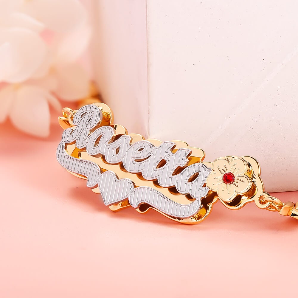 Double Plate Two Tone Birthstone Flower and Heart with XOXO Chain Personalized Custom Gold Plated Name Bracelet-silviax