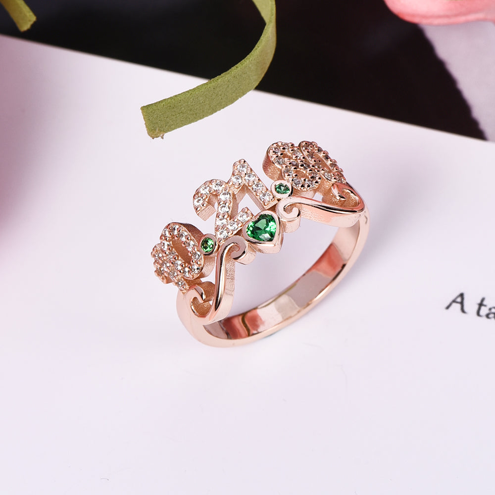 Personalized CZ Pave Date Ring with Birthstone and Heart Anniversary Ring