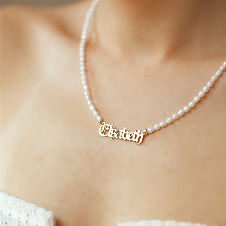 Old English Font with Pearl Chain Personalized Custom Gold Plated Name Necklace-silviax