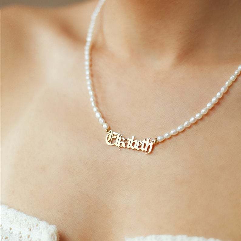 Old English Font with Pearl Chain Personalized Custom Gold Plated Name Necklace-silviax