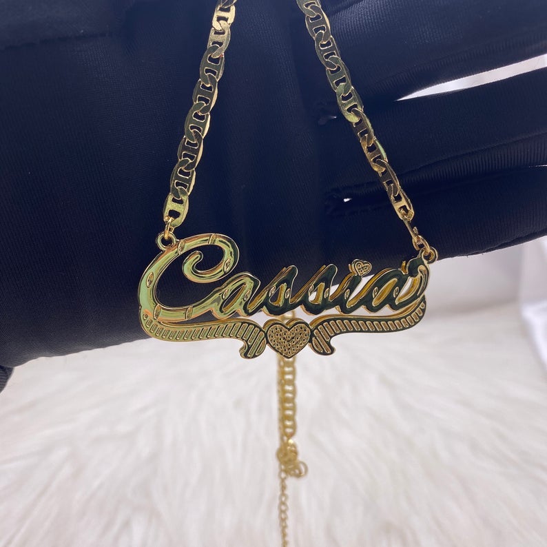 Double Layer Nameplate Heart Personalized Custom Gold Plated Name Necklace-silviax