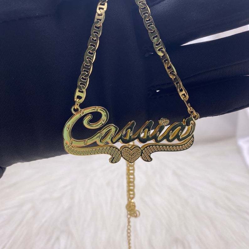 Double Layer Nameplate Heart Personalized Custom Gold Plated Name Necklace-silviax