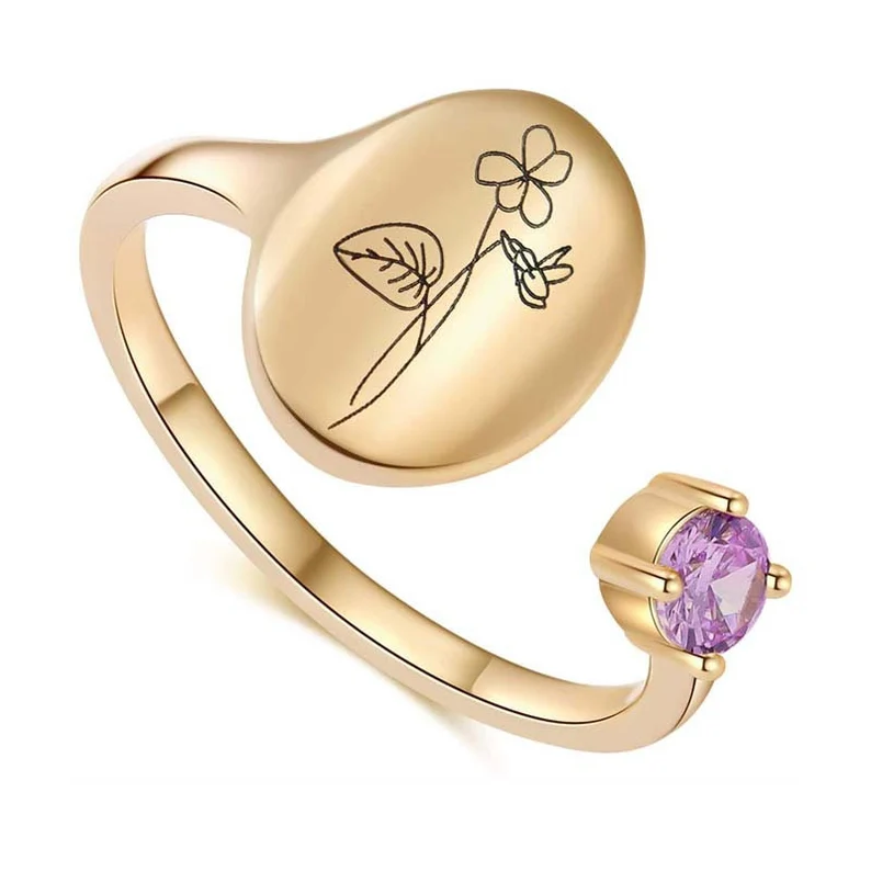 Personalized Custom Gold Plated Engraved Birth Flower Open Ring with Birthstone Birthday Gift-silviax