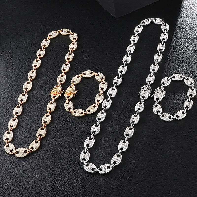13mm Pig Nose Link Chain Gold Plated Necklace and Bracelet Set-silviax