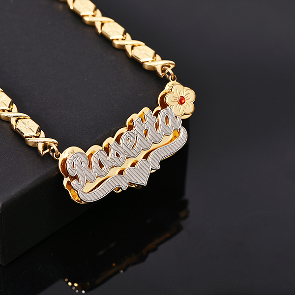 Flower Birthstone and Heart Double Plate Two Tone with XOXO Chain Personalized Custom Gold Plated Name Necklace Bracelet Set-silviax