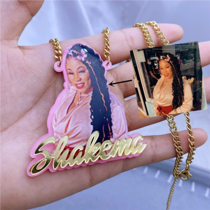 Pink Acrylic Portrait Photo with Nameplate Personalized Name Necklace-silviax