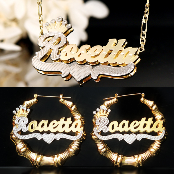 Crown Two Tone Personalized Custom Gold Plated Name Bamboo Hoop Earrings And Double Layer Name Necklace Set-silviax