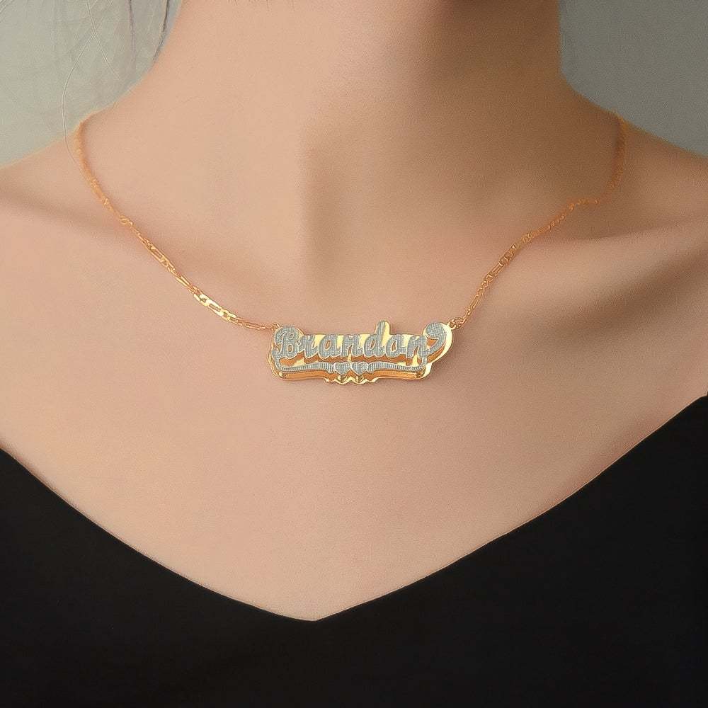 Two-tone Double Heart Personalized Custom Name Ring and Double Plate Necklace Set-silviax