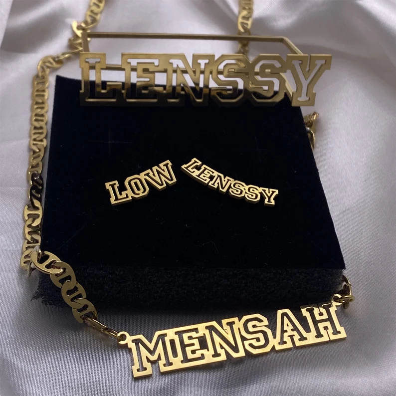 Hollow Letter Nameplate Jewelry Set Personalized Name Necklace Ring and Stud Earrings-silviax