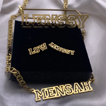 Hollow Letter Nameplate Jewelry Set Personalized Name Necklace Ring and Stud Earrings-silviax