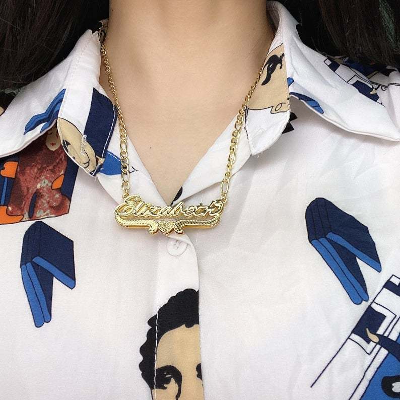 Double Layer Nameplate with Heart Personalized Custom Gold Plated 3D Name Necklace-silviax