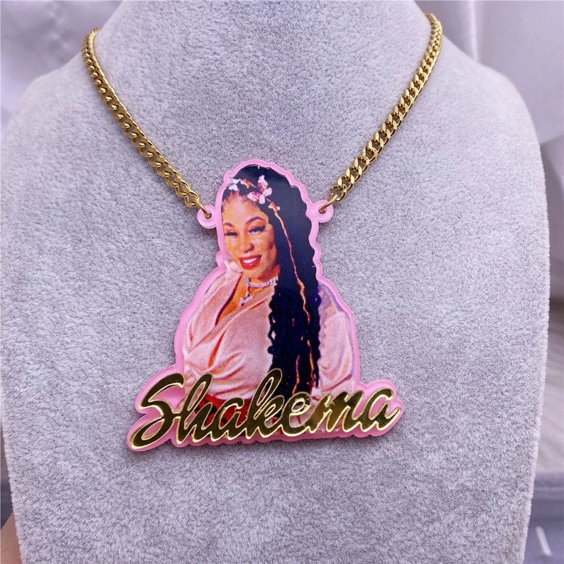 Pink Acrylic Portrait Photo with Nameplate Personalized Name Necklace-silviax