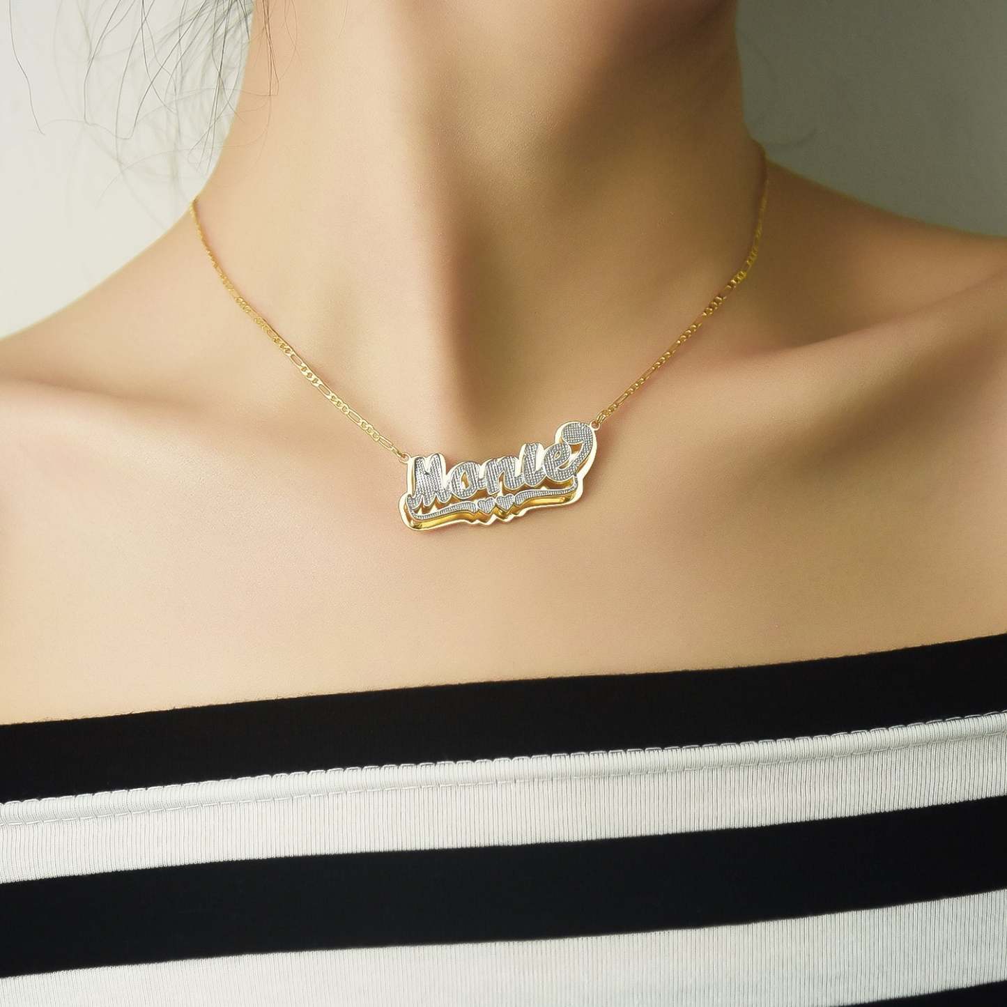 Two-tone Double Heart Personalized Custom Name Ring and Double Plate Necklace Set-silviax