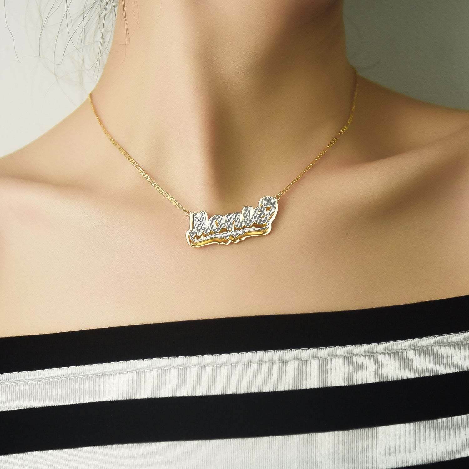 Two-tone Double Heart Personalized Custom Name Ring and Double Plate Necklace Set-silviax