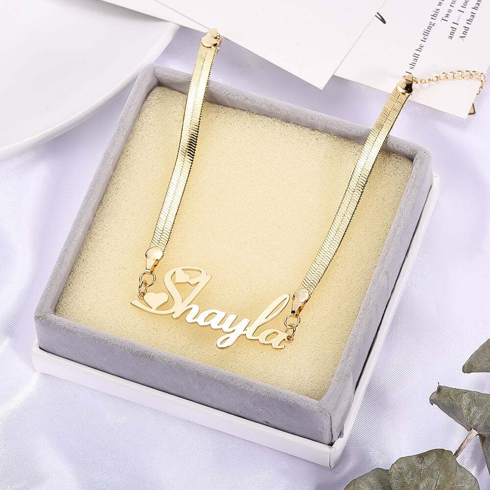 Heart Font Nameplate With Snake Chain Personalized Custom Gold Plated Name Bracelet-silviax