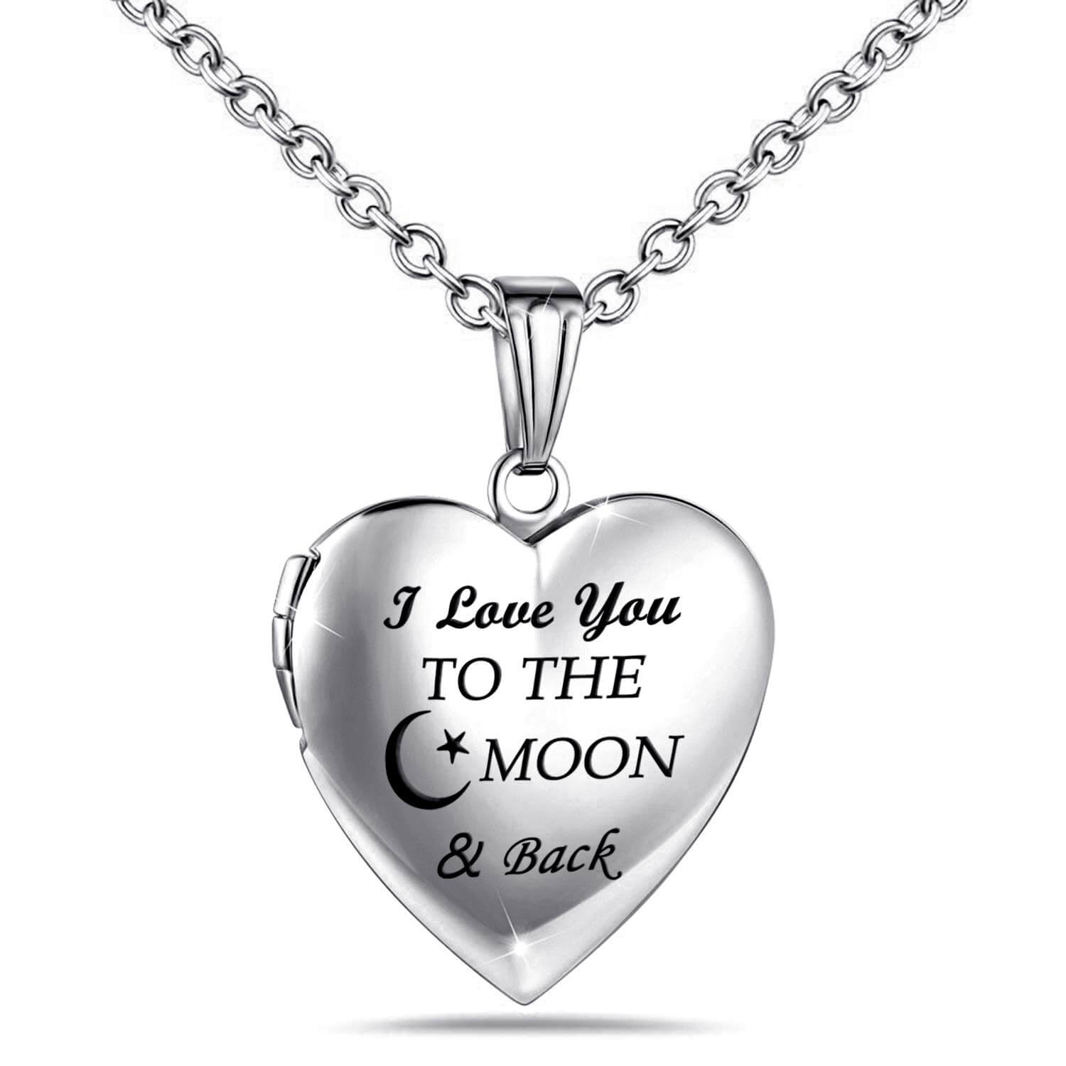 Heart Locket That Engraved "I Love You to the Moon and Back" Two Photos Personalized Custom White Gold Photo Necklace-silviax