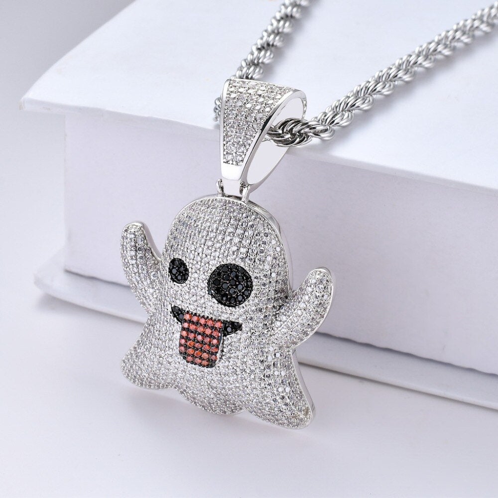 Hip Hop Shiny Emoji Ghost Iced Out Pendant Necklace White Gold Jewelry for Men and Women-silviax