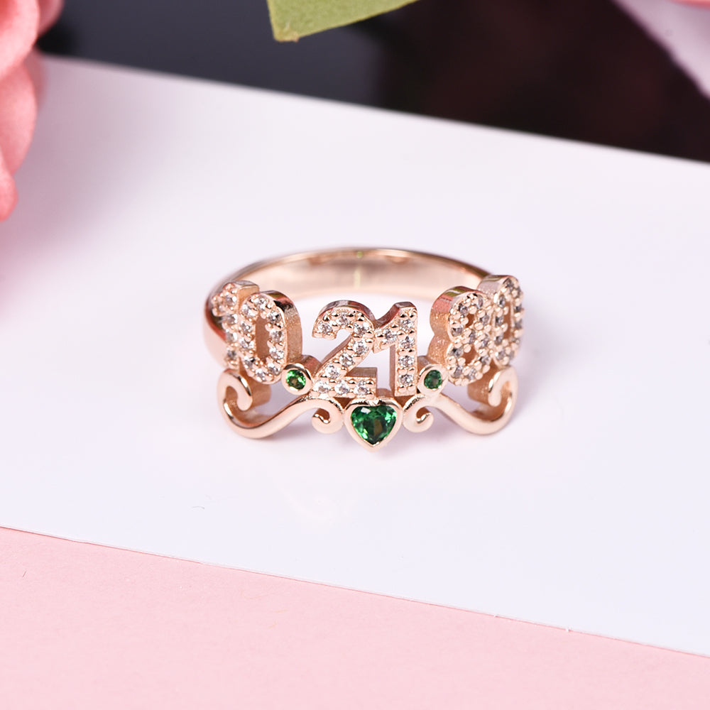 Personalized CZ Pave Date Ring with Birthstone and Heart Anniversary Ring