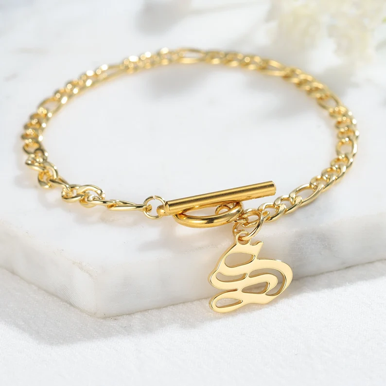 Personalized Gold Plated Gothic A-Z Letter Pendant Initial Bracelet-silviax