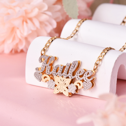 Double Layer Two Tone With Butterfly Flower And Heart Personalized Custom Name Necklace-silviax