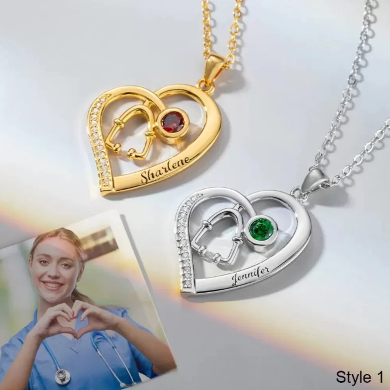 Heart Shaped Stethoscope Engraved Name Necklace with Birthstone Nurse Gift-silviax