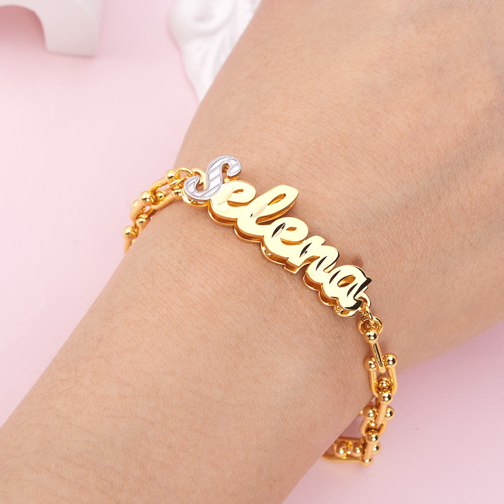 U Type Chain Two Tone Nameplate Personalized Custom Name Bracelet-silviax