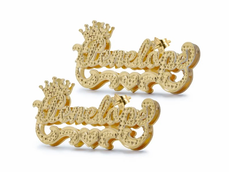 Personalized Custom Double Layer Nameplate with Crown And Heart Gold Plated Name Stud Earrings
