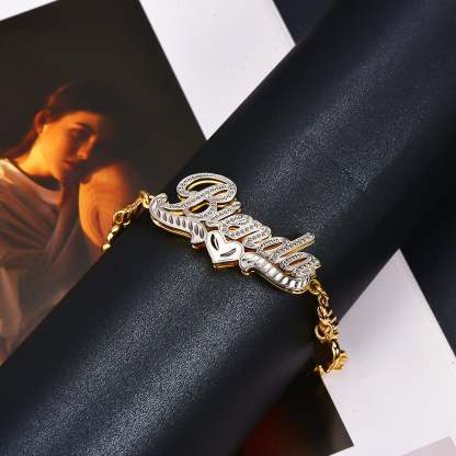 Double Layer Two Tone Heart Nameplate Cuban Chain With Heart Personalized Custom Name Bracelet-silviax